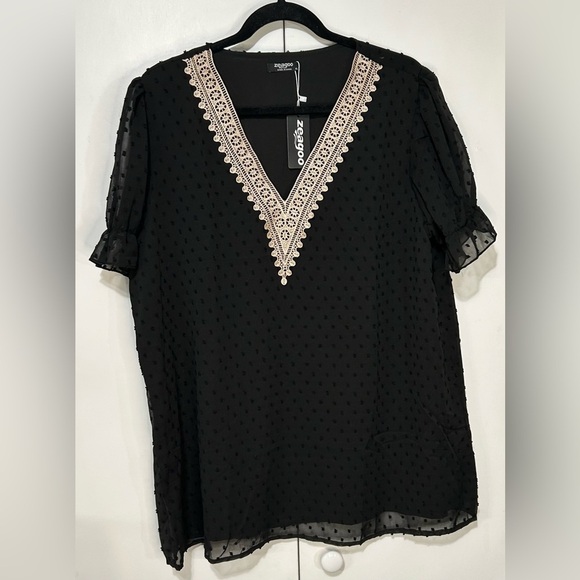 Women Black V Neck Puff Short Sleeve Top Swiss Dot chiffon Lace size X-Large NWT - Picture 1 of 9